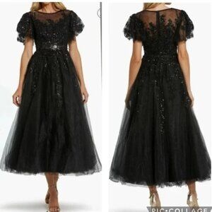 Mac Duggal Black Sequin Tulle Midi Dress